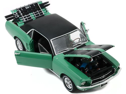 1967 Ford Mustang Coupe Loveland Green Metallic with Black Stripes and Black Top and a Pair of Skis "Ski Country Special" 1/18 Diecast Model Car by Greenlight