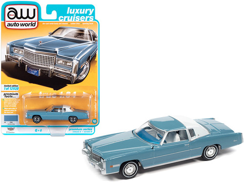 1975 Cadillac Eldorado Jennifer Blue with White Roof Back Section "Luxury Cruisers" Limited Edition to 12920 pieces Worldwide 1/64 Diecast Model Car by Autoworld