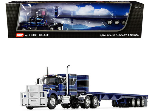 Mack Super-Liner with 60" Sleeper Cab with Tri-Axle Flatbed Trailer Dark Blue and Black 1/64 Diecast Model by DCP/First Gear
