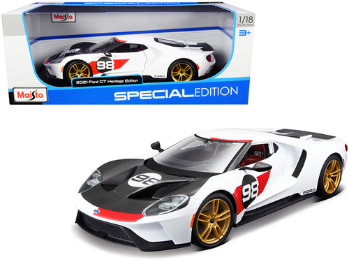 1/18 Maisto 2021 Ford GT #98 White "Heritage Edition" Diecast Model Car