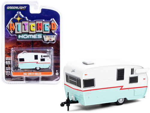 1962 Shasta Airflyte Travel Trailer White and Teal with Red Stripe "Hitched Homes" Series 10 1/64 Diecast Model by Greenlight