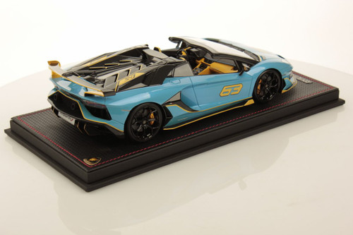 1/18 MR Collection Lamborghini Aventador SVJ Roadster 63 Special Edition (Blu Cepheus Blue with Yellow Livery) Resin Car Model Limited 63 Pieces