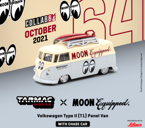 Volkswagen Type II (T1) Panel Van Cream and Gray with Roof Rack and Two Surfboards "Mooneyes Equipped" "Collaboration Model" 1/64 Diecast Model Car by Schuco & Tarmac Works
