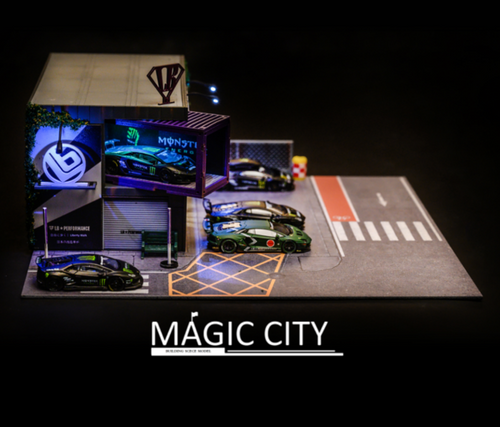 1/64 Magic City LB Performance & Monster Energy Double Floor Showroom Diorama Model Scene (Car model NOT Included)