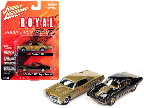 1966 Pontiac GTO "Royal" Gold and 1969 Pontiac GTO Royal Bobcat Espresso Brown "Pontiac Royal" Set of 2 pieces 1/64 Diecast Model Cars by Johnny Lightning