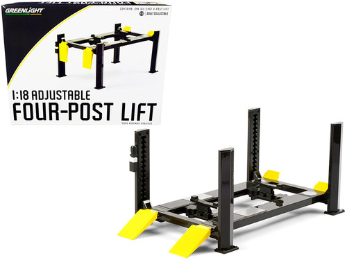 Adjustable Four Post Lift Dark Gray with Yellow Ramps for 1/18