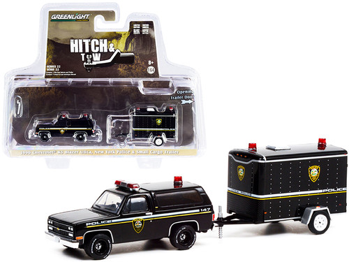 1990 Chevrolet K5 Blazer Black with Small Cargo Trailer "Utica Police Department" (New York) "Hitch & Tow" Series 22 1/64 Diecast Model Car by Greenlight