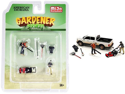 "Gardener Services" Diecast Set of 6 pieces (2 Figurines and 4 Accessory) for 1/64 Scale Models by American Diorama