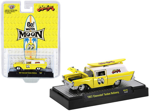 1957 Chevrolet Sedan Delivery Yellow with White Top with Surfboard "Mooneyes" Santa Fe Springs Limited Edition to 7150 pieces Worldwide 1/64 Diecast Model Car by M2 Machines
