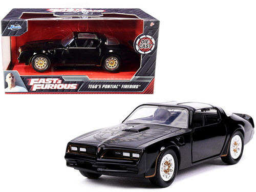 Tego's Pontiac Firebird Black with Gold Stripes and Hood Bird "Fast & Furious" Series 1/32 Diecast Model Car by Jada Tego's Pontiac Firebird Black with Gold Stripes and Hood Bird "Fast & Furious" Series 1/32 Diecast Model Car by Jada