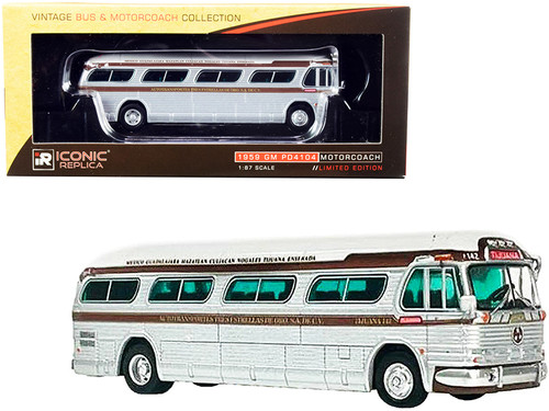 1959 GM PD4104 Motorcoach Bus "Tijuana" "Tres Estrellas de Oro" (Mexico) Silver and White with Brown Stripes "Vintage Bus & Motorcoach Collection" 1/87 (HO) Diecast Model by Iconic Replicas