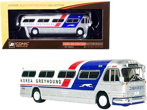 1959 GM PD4104 Motorcoach Bus "Seoul" "Korea Greyhound" Silver and White with Red and Blue Stripes "Vintage Bus & Motorcoach Collection" 1/87 (HO) Diecast Model by Iconic Replicas
