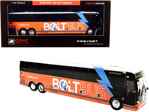 Prevost X3-45 Coach Bus "Bolt for a Buck" Orange and White "Bolt Bus" 1/87 (HO) Diecast Model by Iconic Replicas