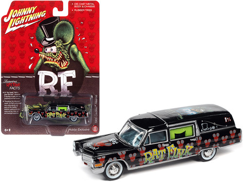 1966 Cadillac Hearse "Rat Fink" Black with Graphics 1/64 Diecast Model Car by Johnny Lightning