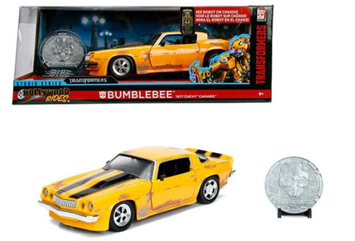 1/24 Jada Hollywood Rides Transformers Bumblebee 1977 Chevrolet Camaro (Weathered) with Collectible Coin Diecast Car Model