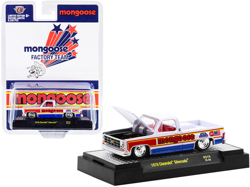 1979 Chevrolet Silverado Pickup Truck "Mongoose" White with Red and Blue Stripes and Red Interior Limited Edition to 8250 pieces Worldwide 1/64 Diecast Model Car by M2 Machines