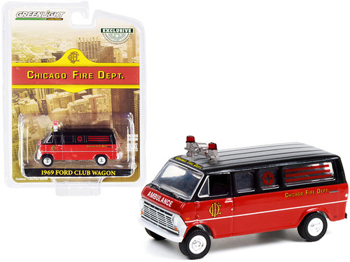 1969 Ford Club Wagon Ambulance Black and Red "Chicago Fire Department" "Hobby Exclusive" 1/64 Diecast Model Car by Greenlight