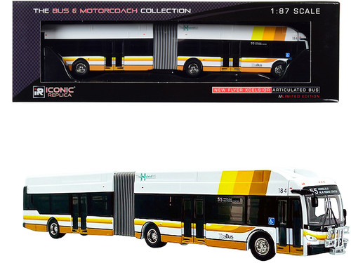 New Flyer Xcelsior XN60 Articulated Bus The Hybrid #55 "Ala Moana Center" "The Bus City and County of Honolulu" (Hawaii) White with Stripes "The Bus & Motorcoach Collection" 1/87 (HO) Diecast Model by Iconic Replicas