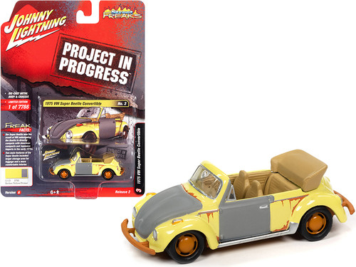 1975 Volkswagen Super Beetle Convertible Berber Yellow and Primer Gray (Rusted Version) "Project in Progress" "Street Freaks" Series Limited Edition to 7786 pieces Worldwide 1/64 Diecast Model Car by Johnny Lightning