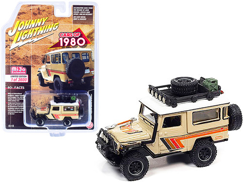 1980 Toyota Land Cruiser with Roof Rack Beige with White Top and Stripes Limited Edition to 3600 pieces Worldwide 1/64 Diecast Model Car by Johnny Lightning