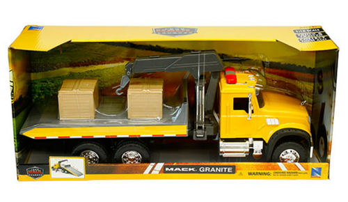 1/18 New Ray Mack Granite (Yellow) Roll Off Truck with Wooden Crates and Crane - Long Haul Trucker Car Model