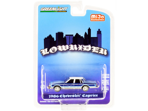 1986 Chevrolet Caprice "Lowrider" Blue Metallic with Graphics and White Top 1/64 Diecast Model Car by Greenlight