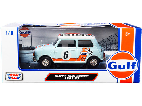 1/18 Motormax 1961-1967 Morris Mini Cooper RHD (Right Hand Drive) #6 "Gulf Oil" Light Blue with Orange Stripes and Checkered Top Diecast Car Model