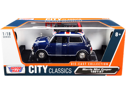 1/18 Motormax 1961-1967 Morris Mini Cooper RHD (Right Hand Drive) Dark Blue with British Flag on the Top and Roof Rack Diecast Car Model