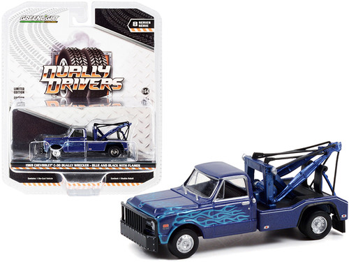 1969 Chevrolet C-30 Dually Wrecker Tow Truck Blue Metallic with Flames "Dually Drivers" Series 8 1/64 Diecast Model Car by Greenlight