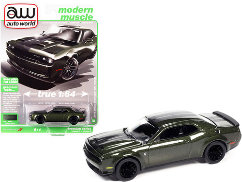 2019 Dodge Challenger SRT Hellcat F8 Green Metallic with Twin Black Stripes "Modern Muscle" Limited Edition to 13904 pieces Worldwide 1/64 Diecast Model Car by Autoworld
