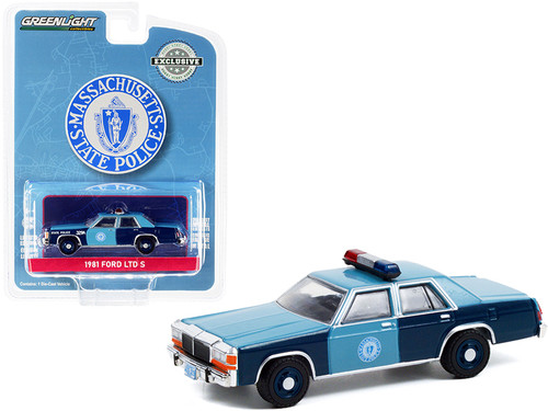 1981 Ford LTD S #329 Dark Blue and Light Blue "Massachusetts State Police" 1982 Sam Melville-Jonathan Jackson Unit Shootout (North Attleboro) "Hobby Exclusive" 1/64 Diecast Model Car by Greenlight