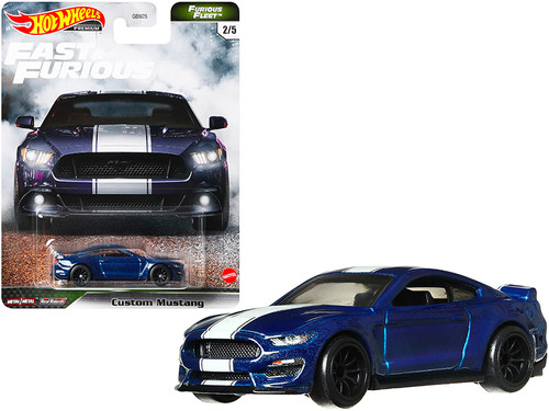 Custom Mustang Blue Metallic with White Stripes "Fast & Furious" Series Diecast Model Car by Hot Wheels