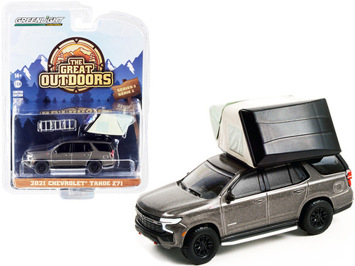 2021 Chevrolet Tahoe Z71 Gray Metallic with Modern Rooftop Tent "The Great Outdoors" Series 1 1/64 Diecast Model Car by Greenlight