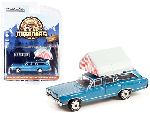 1969 Plymouth Satellite Station Wagon Blue Metallic with Camp'otel Rooftop Sleeper Tent "The Great Outdoors" Series 1 1/64 Diecast Model Car by Greenlight