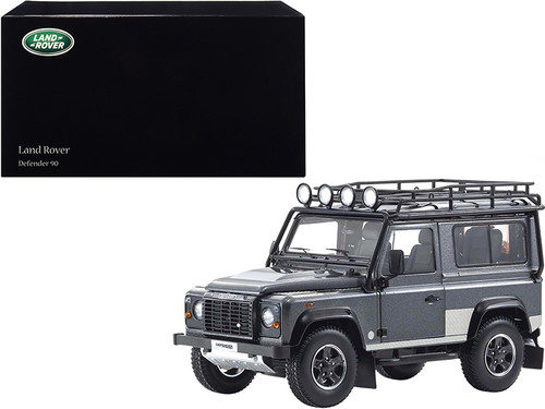 1/18 Kyosho Land Rover Defender 90 with Roof Rack (Dark Gray Metallic with Black Top and Chequer Plates) Diecast Car Model