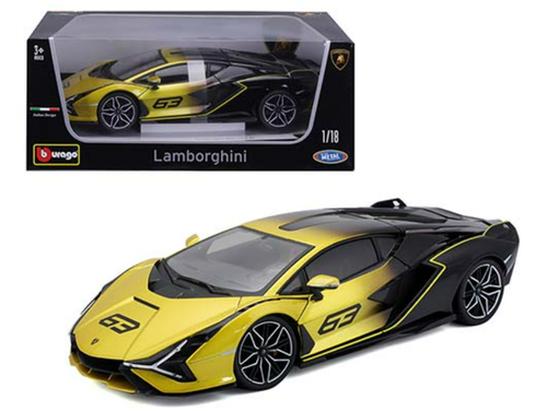 1/18 Bburago Lamborghini Sian FPK37 Hybrid #63 (Black & Yellow) Diecast Car Model