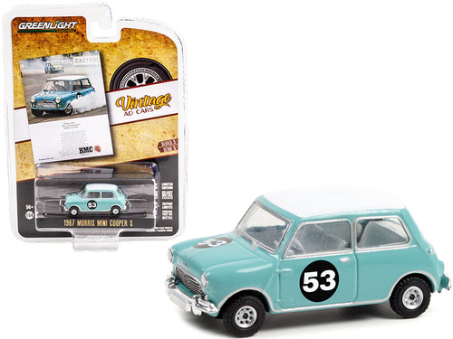 1967 Morris Mini Cooper S #53 Baby Blue with White Top "There Goes Mrs. Armstrong to Deliver a Baby" "Vintage Ad Cars" Series 5 1/64 Diecast Model Car by Greenlight