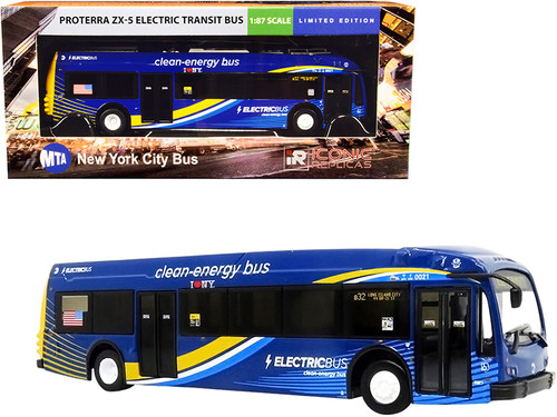 Proterra ZX5 Electric Transit Bus #B32 "Long Island City" "MTA New York City" Dark Blue with Stripes 1/87 (HO) Diecast Model by Iconic Replicas