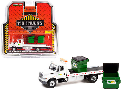 2013 International DuraStar Flatbed Truck White with 2 Commercial Dumpsters "Waste Management" "H.D. Trucks" Series 22 1/64 Diecast Model Car by Greenlight