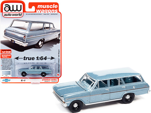 1963 Chevrolet II Nova 400 Wagon Silver Blue Metallic with Blue Interior "Muscle Wagons" Limited Edition to 15126 pieces Worldwide 1/64 Diecast Model Car by Autoworld
