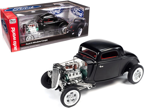 1/18 Auto World 1934 Ford 3-Window Coupe "High Boy Hot Rod" (Matte Black with Red Interior) Diecast Car Model