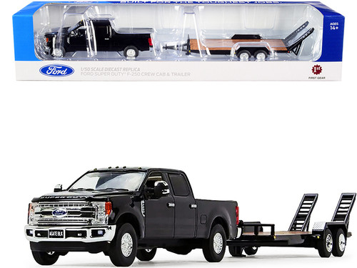 Ford F-250 Super Duty Pickup Truck Agate Black and Tandem Axle Tag Trailer 1/50 Diecast Model Car by First Gear