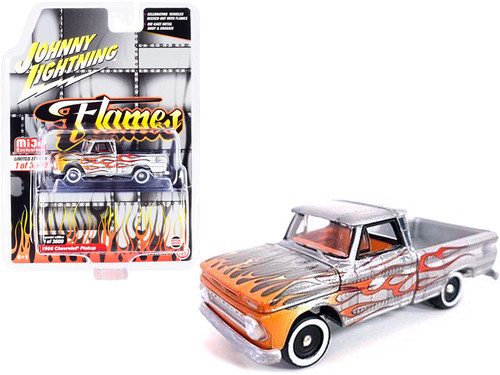 1966 Chevrolet Pickup Truck Silver Metallic with Flames and Orange Interior Limited Edition to 3600 pieces Worldwide 1/64 Diecast Model Car by Johnny Lightning