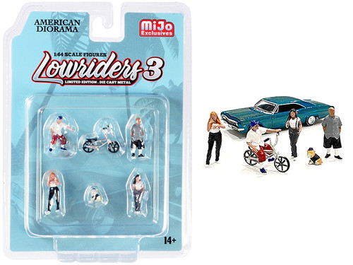 "Lowriders 3" 6 piece Diecast Set (4 Figurines, 1 Dog and 1 Bike) for 1/64 Scale Models by American Diorama