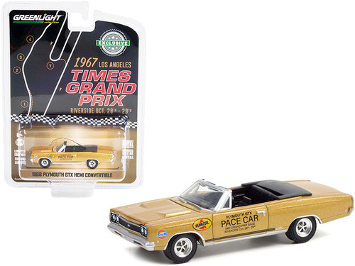 1968 Plymouth GTX HEMI Convertible Gold Metallic Pace Car "1967 Los Angeles Times Grand Prix" at Riverside International Raceway "Hobby Exclusive" 1/64 Diecast Model Car by Greenlight