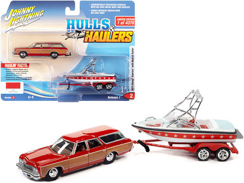 1973 Chevrolet Caprice Wagon Medium Red with Woodgrain Sides with Mastercraft Boat and Trailer Limited Edition to 4376 pieces Worldwide "Hulls & Haulers" Series 1/64 Diecast Model Car by Johnny Lightning