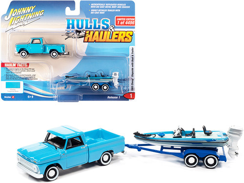 1965 Chevrolet Stepside Pickup Truck Custom Turquoise with Bass Boat and Trailer Limited Edition to 4496 pieces Worldwide "Hulls & Haulers" Series 1/64 Diecast Model Car by Johnny Lightning