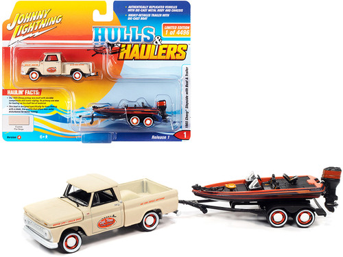 1965 Chevrolet Stepside Pickup Truck Custom Matt Beige "Capt. Hook Fishing Charter" with Bass Boat and Trailer Limited Edition to 4496 pieces Worldwide "Hulls & Haulers" Series 1/64 Diecast Model Car by Johnny Lightning