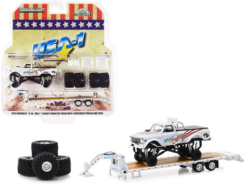 1970 Chevrolet K-10 "USA-1" (Legacy) White Monster Truck with Bed Cover with Gooseneck Trailer with Regular and Replacement 66" Tires "Hobby Exclusive" 1/64 Diecast Model Car by Greenlight
