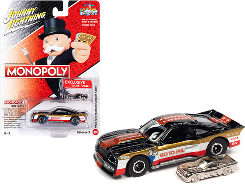 1975 Ford Mustang Cobra II Racer "Go to Jail" Black and White with Gold and Red Stripes with Game Token "Monopoly" "Pop Culture" Series 3 1/64 Diecast Model Car by Johnny Lightning